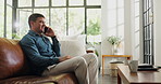 Phone call, conversation and man in living room with freelancer, financial advice and chat in home. Remote work, account manager and male person with tech for communication, smile and discussion