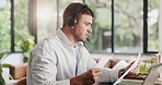 Remote work from home, headphones and man with laptop, report for article review and sound. Podcast, freelance or person in lounge, pc or email for submission, audio transcription project or radio