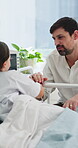 Father, child or conversation in hospital for support, pediatric healthcare or holding hands for healing. Sick patient, chat or man with girl for medical treatment, comfort or compassion for recovery