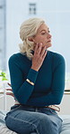 Thinking, waiting and woman in hospital, healthcare and anxiety for test results. Mature person, concern and patient in clinic, worry and contemplation for disease diagnosis, nervous and appointment