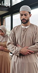 Islam, prayer or couple in house with salah, spiritual practice or worship together in marriage. Connection, Arab man or woman in home with praise, muslim faith or holy devotion in relationship.