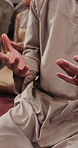 Islam, couple and praying with hands for worship, faith or spiritual connection together in home. Muslim, man and woman with islamic belief, holy religion or praise god for Eid, dua or Ramadan Kareem