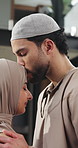 Muslim couple, kiss and love with support together for connection, commitment and bonding in faith. Marriage, loyalty and respect with people for Islam, devotion and healthy relationship in home