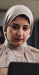 Remote work, review or Muslim woman in house with laptop, draft edit or source feedback for article. WFH, Arab person or journalist with tech, blog fact check or industry research for publication.