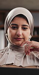 Muslim, woman and remote work in home with tech, thinking and contemplation for news report idea. Freelance, journalist and Islamic person in house with digital app, reading and thought for article.