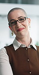 Smile, arms crossed and face of business woman in office for confidence, real estate and about us. Pride, property agent and realtor with glasses and portrait in agency as commercial developer