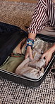 Suitcase, pack or woman with clothes on floor, vacation preparation or travel wardrobe organization. Sunglasses, luggage or mature person sorting for holiday, home or getting ready for abroad flight