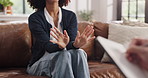 Hands, mental health and woman with psychologist on sofa in office for checklist at session. Clipboard, conversation and female person with therapist for counseling, help or progress information.