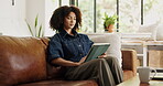 Scroll, research and woman with tablet, lounge and writer with freelance project, online or creative. Home, remote work and African person with tech on couch, info or planning for social media script