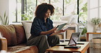 Documents, finance and tablet with confused woman on sofa for budget or investment analysis. App, paperwork and problem solving with person in home living room for financial review or solution