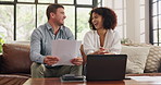 Documents, finance and laptop with couple laughing on sofa for budget or investment analysis. Computer, funny and paperwork with happy people in home living room for financial review or solution