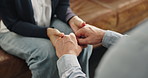 Holding hands, trust and couple in home for love, care or bonding together in living room. Comfort, empathy and people for connection with commitment, hope or marriage with compassion in apartment.