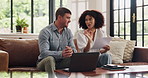 Documents, finance and laptop with couple in home living room for budget or investment analysis. Computer, paperwork and perfect with happy people on sofa in apartment for financial growth or review