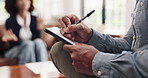 Hands, writing notes and person with therapist, psychology or support for addiction recovery. Counseling, client and consultation with notebook for help, alcoholic rehabilitation or listen in office