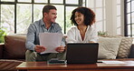 Documents, finance and laptop with couple on sofa in home for budget or investment analysis. Computer, paperwork and smile with happy people in apartment living room for financial growth or review