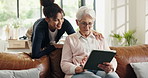 Happy, caregiver and old woman with tablet at house for checkup, support and medical results. Smile, nurse and senior person with digital, assisted living and telehealth app for healthcare assessment