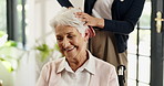 Hairbrush, smile or old woman with volunteer in nursing home, grooming assistance or retirement support. Hair care, community service or senior person with disability in assisted living, chat or help