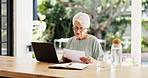 Documents, laptop and senior woman outdoor by home for planning pension funds with online banking. Computer, paperwork and elderly female person with stress for retirement investment by house.