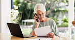 Phone call, paperwork or old woman in home for finance, pension or insurance application with laptop. Tech, talk and elderly person with document for retirement annuity, 401k or discussion at patio