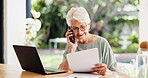 Phone call, paperwork or old woman in home for pension, finance or insurance application with laptop. Tech, talk and elderly person with document for retirement annuity, 401k and smile at patio