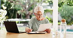 Paperwork, writing and senior woman outdoor by home for planning pension funds with online banking. Laptop, documents and elderly female person with research for retirement investment by house.