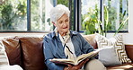 Relax, book and old woman on sofa with reading, calm or literature insight on weekend break. Free time, knowledge or elderly person in house with story, peace or information guide in retirement hobby