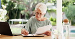 Documents, writing and senior woman with laptop outdoor by home for pension funds with online banking. Computer, paperwork and elderly female person with reading for retirement investment by house.