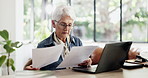 Paperwork, laptop and senior woman outdoor by home for planning pension funds with online banking. Computer, documents and elderly female person with stress for retirement investment by house.