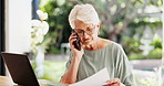 Phone call, document and old woman in home for finance, pension or insurance application with laptop. Tech, talk and elderly person with paperwork for retirement annuity, 401k and smile at patio