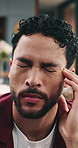 Man, thinking and stress in house with headache, contemplation and unemployment for financial crisis. Tired, person and burnout in home with migraine, thought and debt risk from job search challenge.