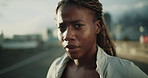 Face, sweating and black woman in city, fitness for health benefits and challenge. Outdoor, African person and runner in street, tired and exercise for wellness, exhausted and fatigue with endurance