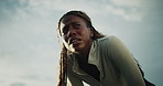 Thinking, tired and black woman for fitness outdoor with vision, burnout and exercise break. Low angle, exhausted and female person with reflection, intense training and recovery from sports workout