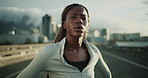 Tired, black woman and breath for fitness in city with burnout, intense exercise and cardio break. Exhausted, female person and rest with fatigue, endurance challenge and recovery from sports workout