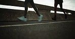 Legs, people and running in city for fitness, exercise and workout for wellness with friends. Bridge, shoes and runners training outdoor for health, cardio endurance and women jog together with flare