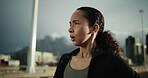 Thinking, tired and woman for fitness in city with vision, athlete burnout and exercise break. Exhausted, female person or breathing with reflection, intense training and recovery from sports workout