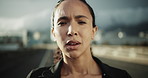 Face, woman and breathing for fitness in city with burnout, intense exercise and cardio break. Portrait, exhausted and female person with fatigue, endurance challenge and recovery from sports workout
