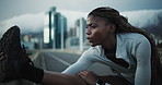 Fitness, black woman and stretching legs in city for health, wellness or workout preparation in town. Runner, person and warm up outdoor to start training, exercise and getting ready for sports