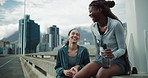 Runner, talking and laugh with women in city for workout partner, health and training discussion. Running team , wellness and exercise club with friends outdoor for fitness, athlete and support