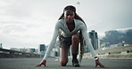 Fitness, starting position or black woman in city with sprint, ready or runner in performance routine. Determination, begin or athlete with go preparation, crouch or speed activity in urban training.