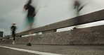 Running, legs and fast for race, motion blur and training with team for sport, low angle and cardio. Outdoor, fitness and exercise for marathon, people and feet with speed on bridge or practice