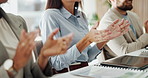 Hands, applause and group with celebration at office meeting for goals, success or tech at insurance company. People, team and clapping for achievement, support or congratulations at corporate agency