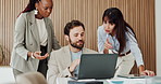 Laptop, meeting and business people in office for feedback on finance report for budget plan. Computer, discussion and financial advisors with manager for review on investment proposal in workplace.