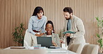 Laptop, meeting and team of business people in office for feedback on finance report for budget plan. Computer, discussion and financial advisors with manager for review on investment proposal.