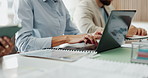 Business woman, hands and typing with laptop in meeting for project tasks, agenda or reminder. Female person, employee or taking notes with computer for minutes, schedule plan or report in workplace