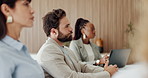 Business people, listening and meeting with team for presentation, staff training or workshop. Group, employees or colleagues with pitch in boardroom for company proposal or coaching in workplace