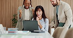 Finance, good news or people in office with laptop, celebration or approval of investment proposal. Collaboration, group of analyst with tech, revenue growth or success in funding opportunity.