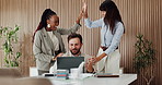Finance, high five or team in office with laptop, celebration or approval of investment proposal. Collaboration, people or analyst with tech, revenue growth or achievement in funding opportunity.