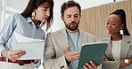 Tablet, document or business people with meeting in office, proposal review or discussion for investment. Trading project, talking or team with research for options, tech or explain risk for feedback