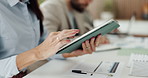 Woman, hands and business people on tablet in meeting for financial report, budget proposal and research. Corporate, teamwork and person on digital tech for investment, planning and finance review