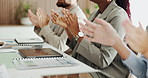 Hands, applause and team with goals at office meeting for success, celebration or tech at insurance company. People, group and clapping for achievement, support or congratulations at corporate agency